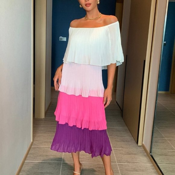 . Dresses & Skirts - Chiffon layered Pleated Flounce off shoulder Maxi Dress